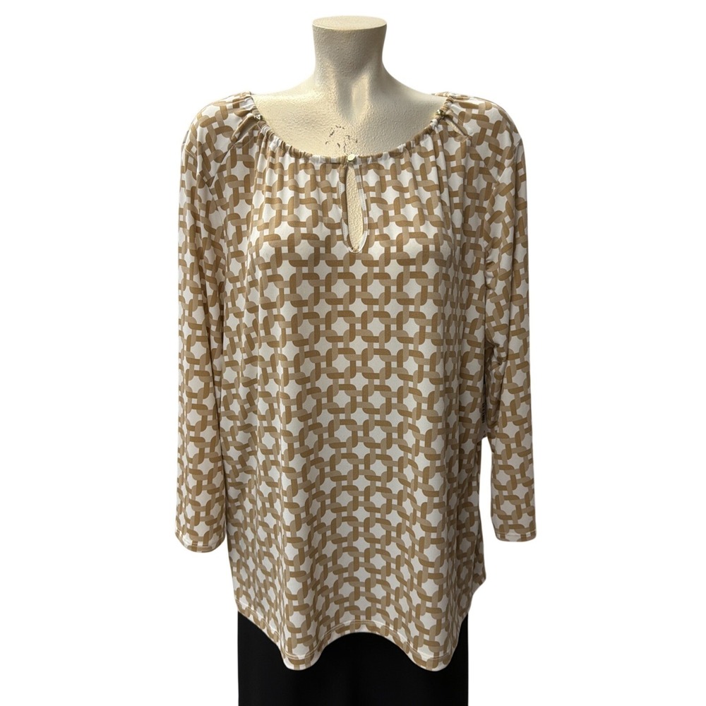 Liz Claiborne Crema Squares Geometric Keyhole Blouse XL Tan White Long Sleeve